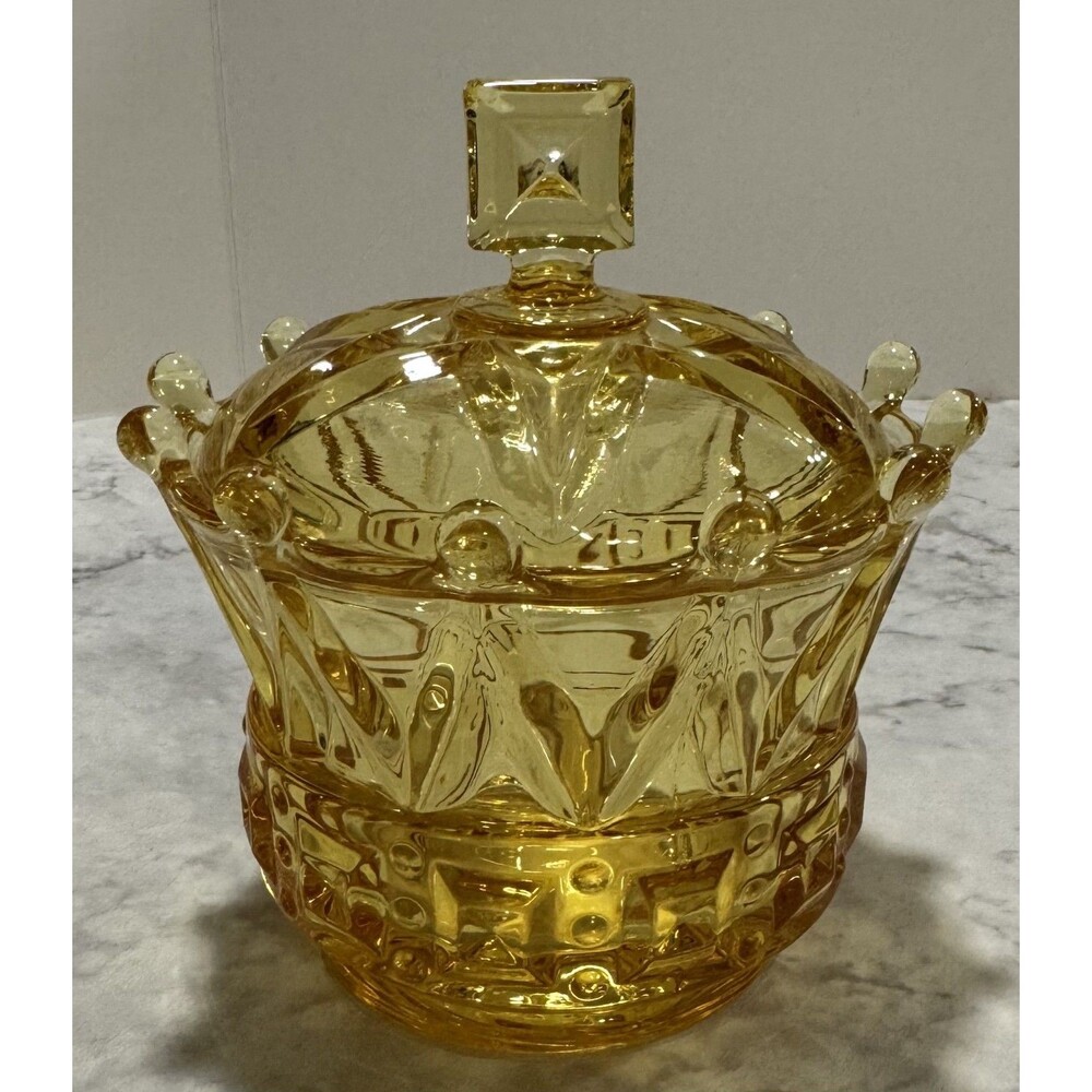Vintage Fostoria Glass Windsor Collection Crown Covered Candy Jar Yellow Topaz